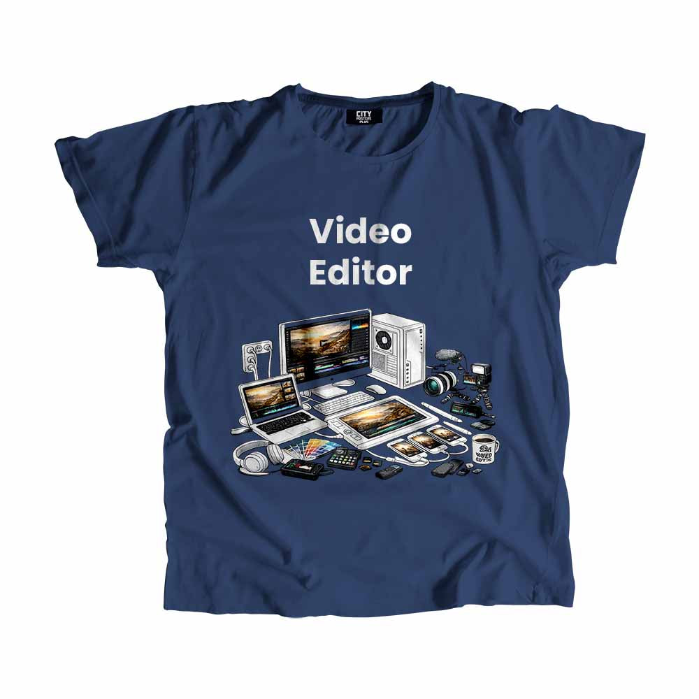 Video Editor Men Unisex T-Shirt (Navy Blue) Technology Unisex T-Shirt | City Posters Plus