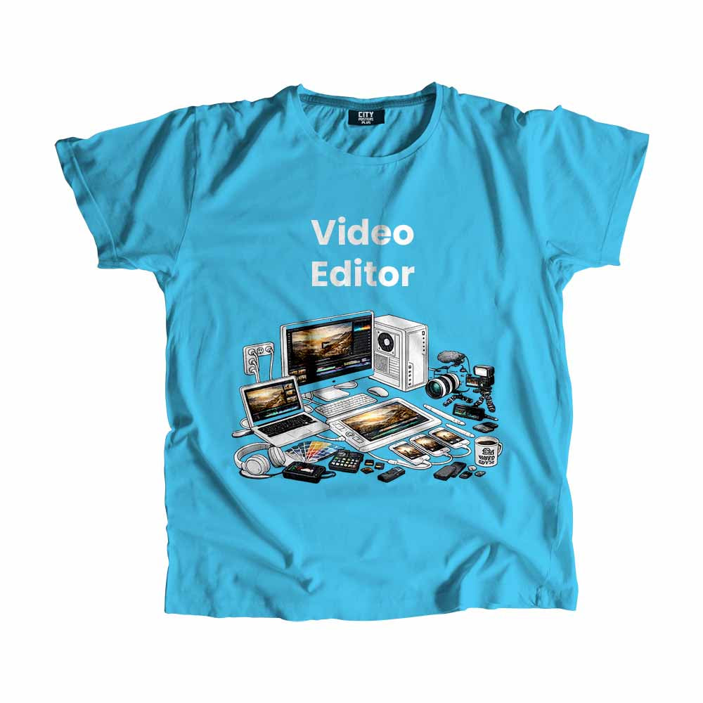 Video Editor Men Unisex T-Shirt (Sky Blue) Technology Unisex T-Shirt | City Posters Plus