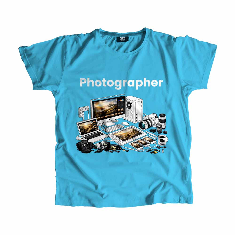 Photographer Men Unisex T-Shirt (Sky Blue) Technology Unisex T-Shirt | City Posters Plus