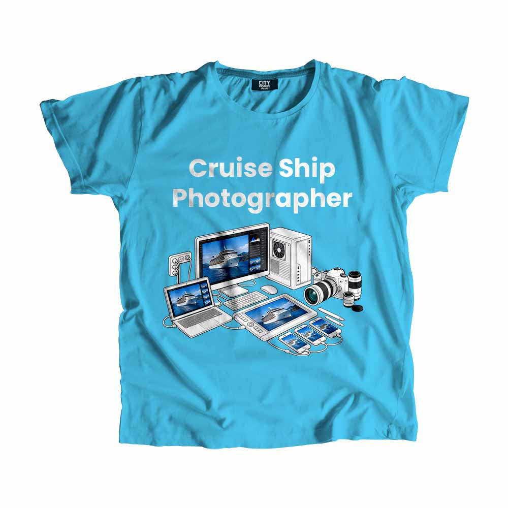 Cruise Ship Photographer Men Unisex T-Shirt (Sky Blue) Technology Unisex T-Shirt | City Posters Plus