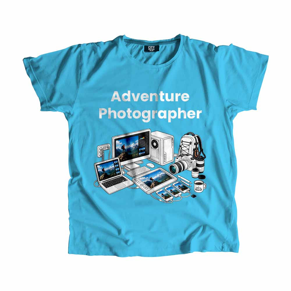 Adventure Photographer Men Unisex T-Shirt (Sky Blue) Technology Unisex T-Shirt | City Posters Plus