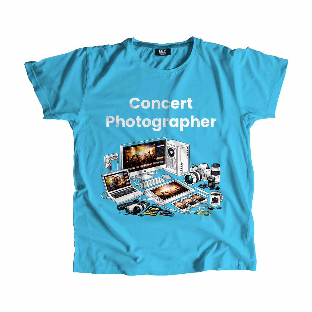 Concert Photographer Men Unisex T-Shirt (Sky Blue) Technology Unisex T-Shirt | City Posters Plus