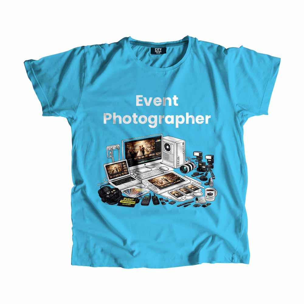 Event Photographer Men Unisex T-Shirt (Sky Blue) Technology Unisex T-Shirt | City Posters Plus