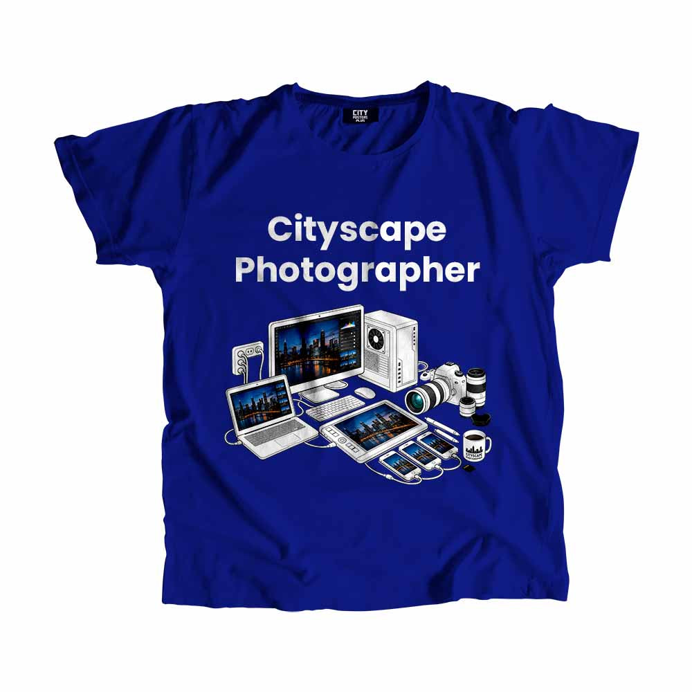 Cityscape Photographer Men Unisex T-Shirt (Royal Blue) Technology Unisex T-Shirt | City Posters Plus