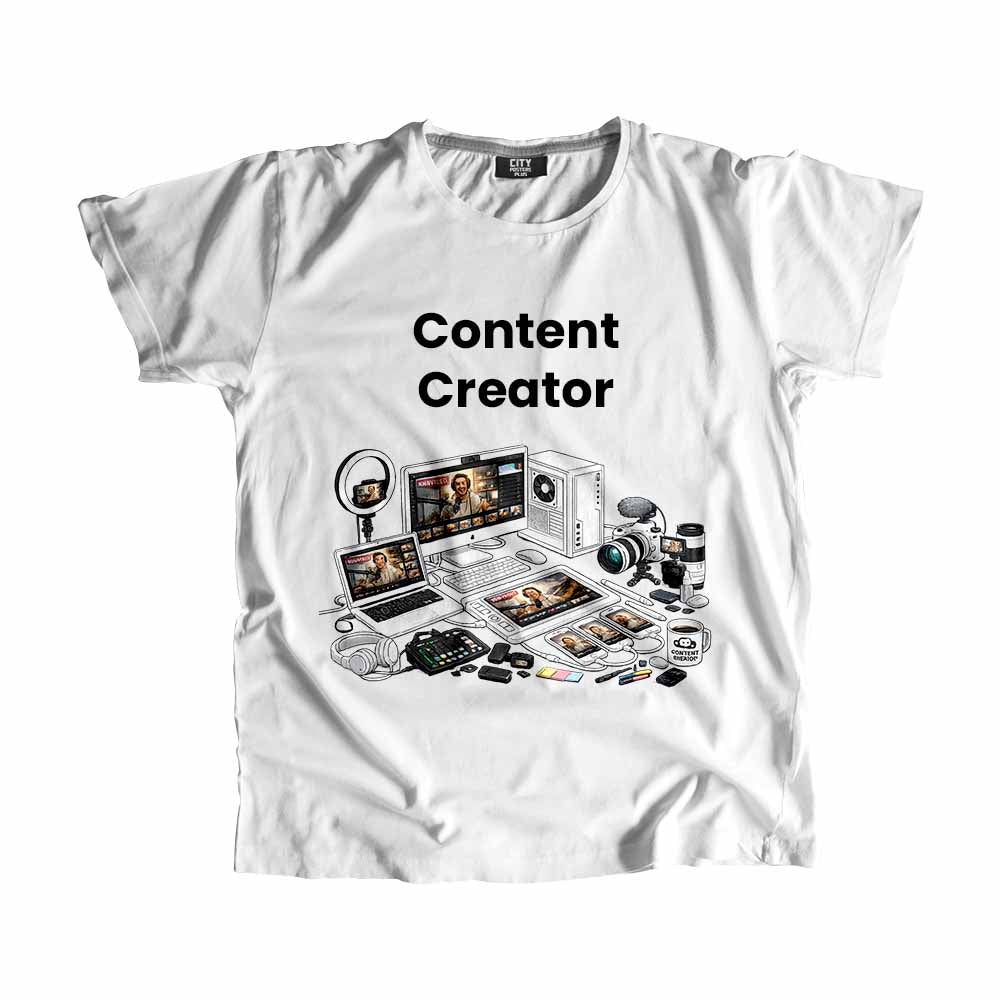 Content Creator Men Unisex T-Shirt (White) Technology Unisex T-Shirt | City Posters Plus