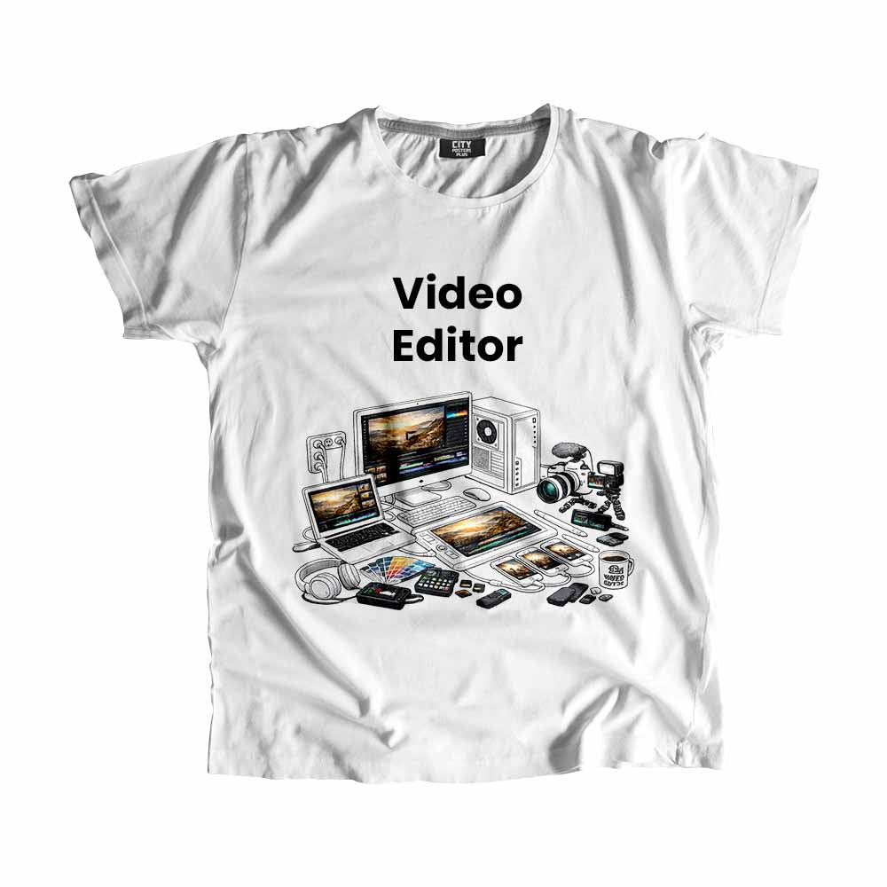 Video Editor Men Unisex T-Shirt (White) Technology Unisex T-Shirt | City Posters Plus