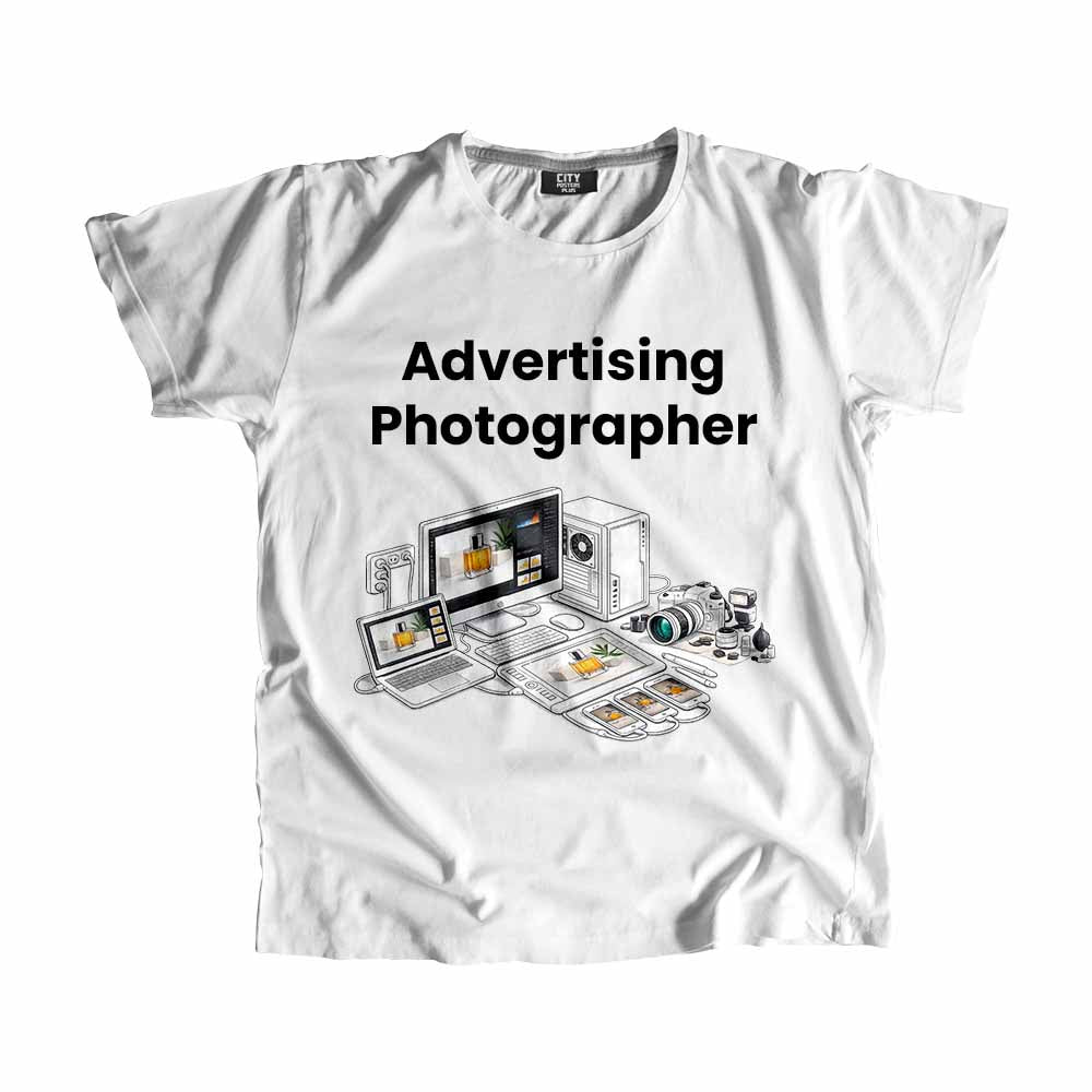 Advertising Photographer Men Unisex T-Shirt (White) Technology Unisex T-Shirt | City Posters Plus