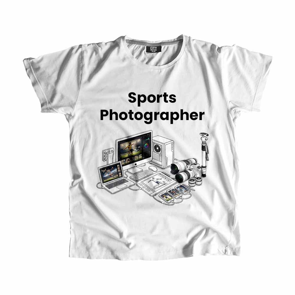 Sports Photographer Men Unisex T-Shirt (White) Technology Unisex T-Shirt | City Posters Plus
