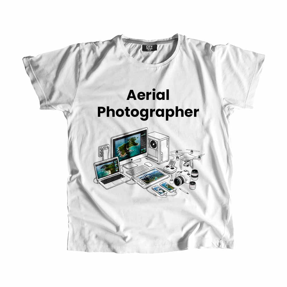 Aerial Photographer Men Unisex T-Shirt (White) Technology Unisex T-Shirt | City Posters Plus