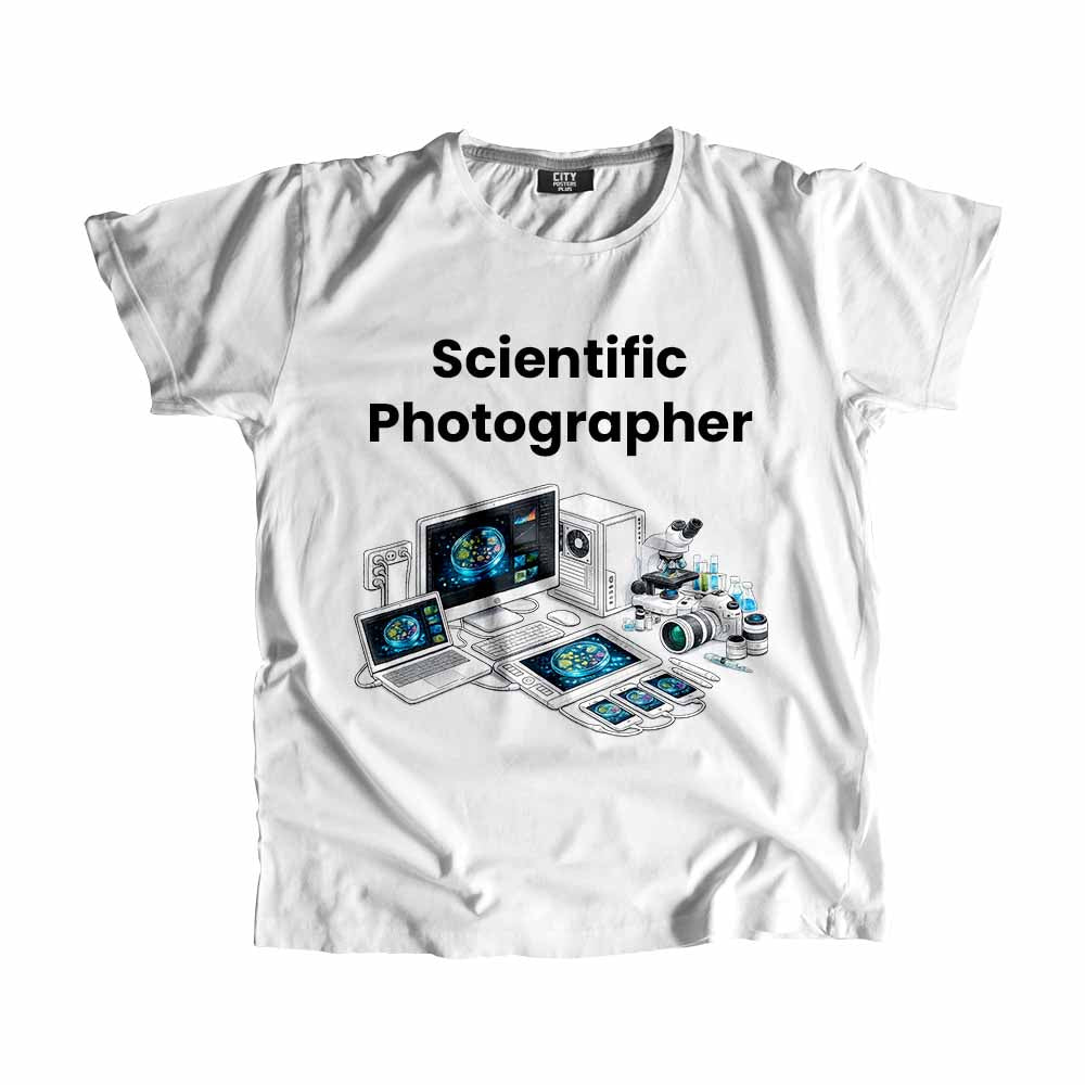 Scientific Photographer Men Unisex T-Shirt (White) Technology Unisex T-Shirt | City Posters Plus