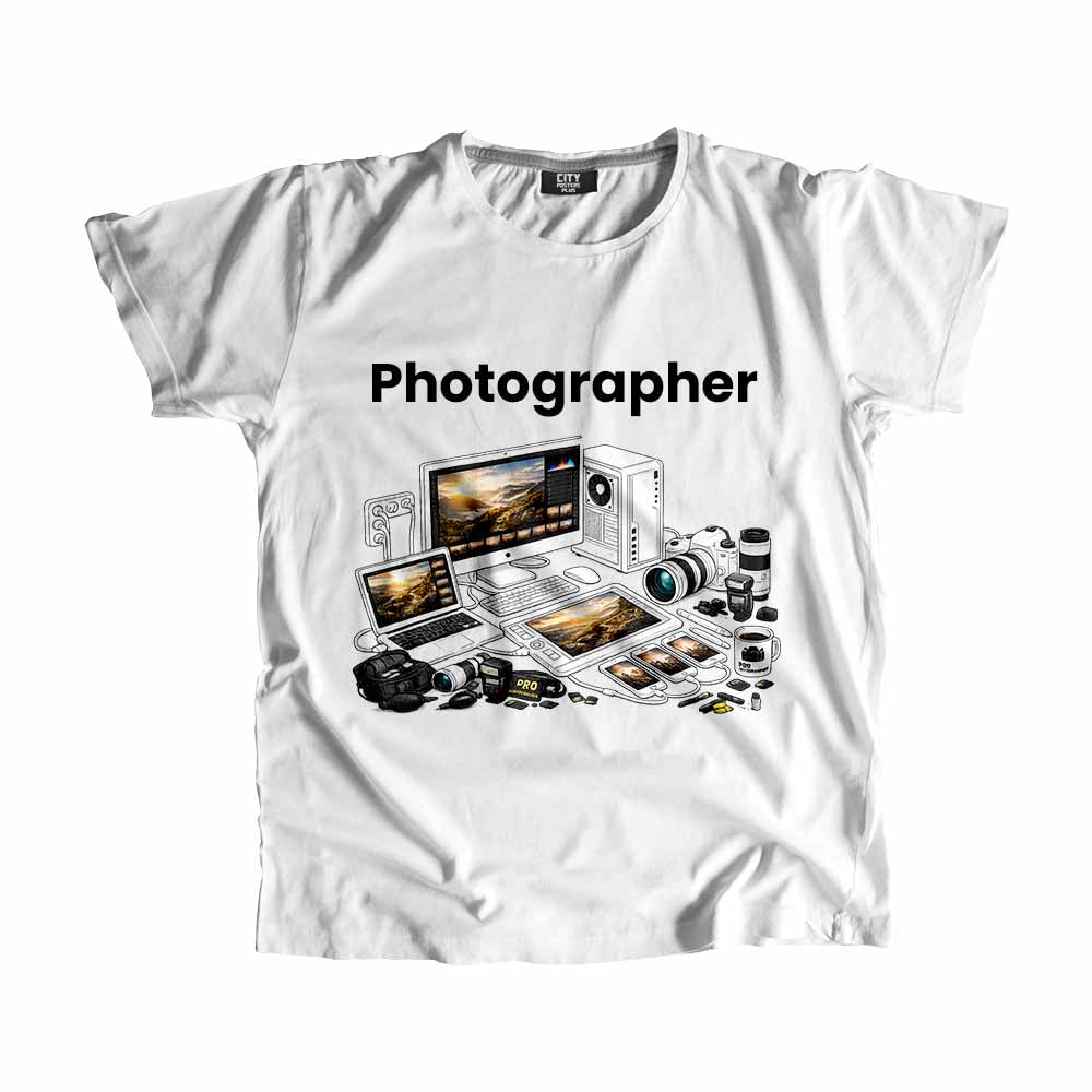 Photographer Men Unisex T-Shirt (White) Technology Unisex T-Shirt | City Posters Plus