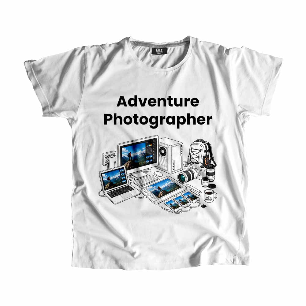 Adventure Photographer Men Unisex T-Shirt (White) Technology Unisex T-Shirt | City Posters Plus