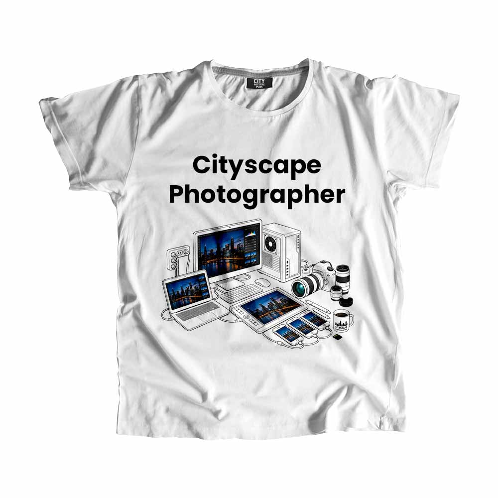 Cityscape Photographer Men Unisex T-Shirt (White) Technology Unisex T-Shirt | City Posters Plus