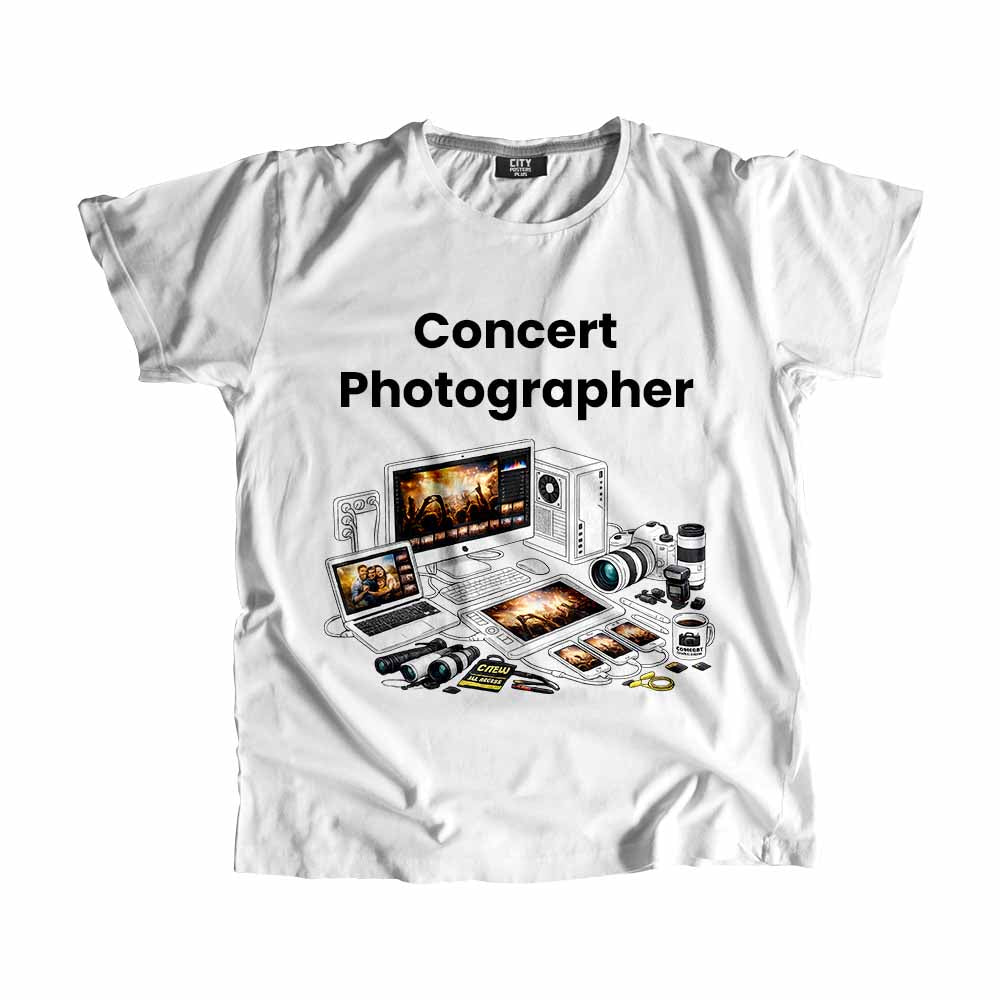 Concert Photographer Men Unisex T-Shirt (White) Technology Unisex T-Shirt | City Posters Plus