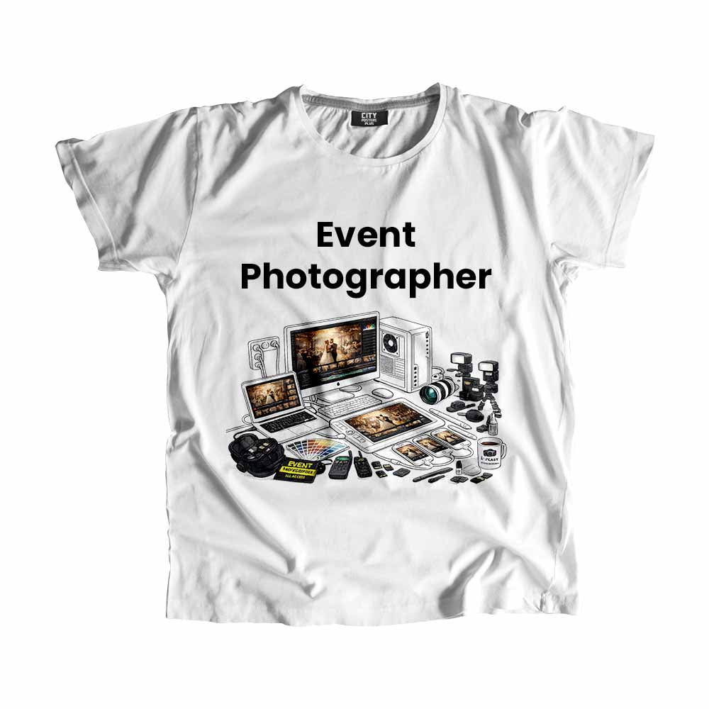 Event Photographer Men Unisex T-Shirt (White) Technology Unisex T-Shirt | City Posters Plus