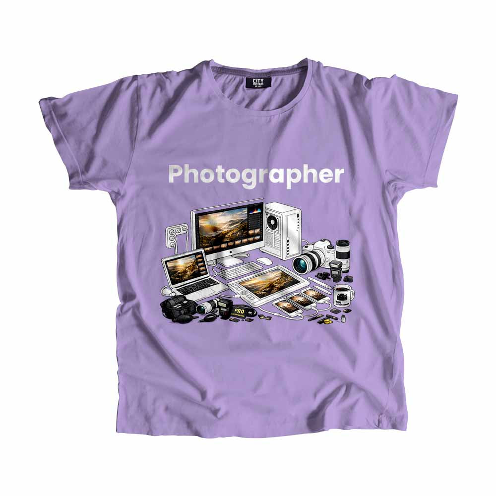 Photographer Men Unisex T-Shirt (Iris Lavender) Technology Unisex T-Shirt | City Posters Plus