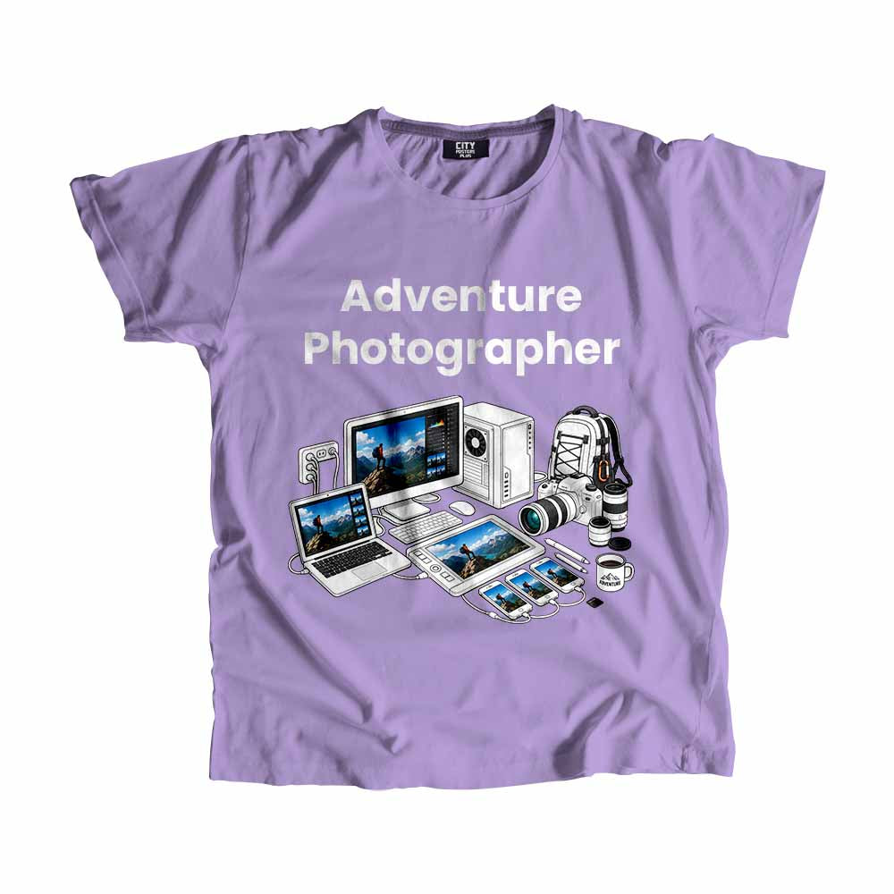 Adventure Photographer Men Unisex T-Shirt (Iris Lavender) Technology Unisex T-Shirt | City Posters Plus