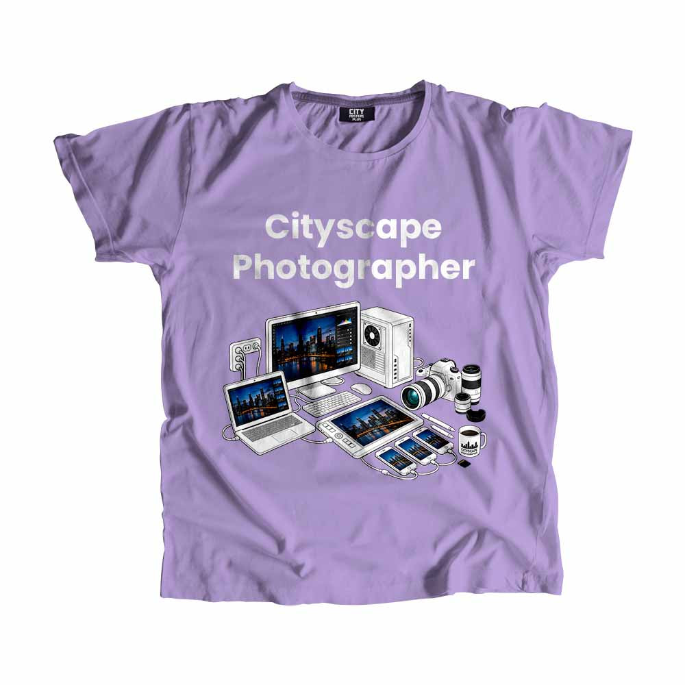Cityscape Photographer Men Unisex T-Shirt (Iris Lavender) Technology Unisex T-Shirt | City Posters Plus
