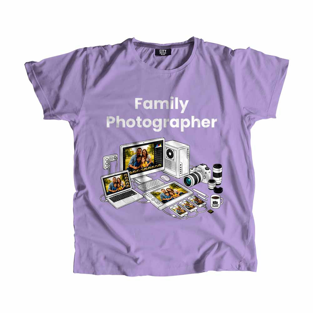 Family Photographer Men Unisex T-Shirt (Iris Lavender) Technology Unisex T-Shirt | City Posters Plus
