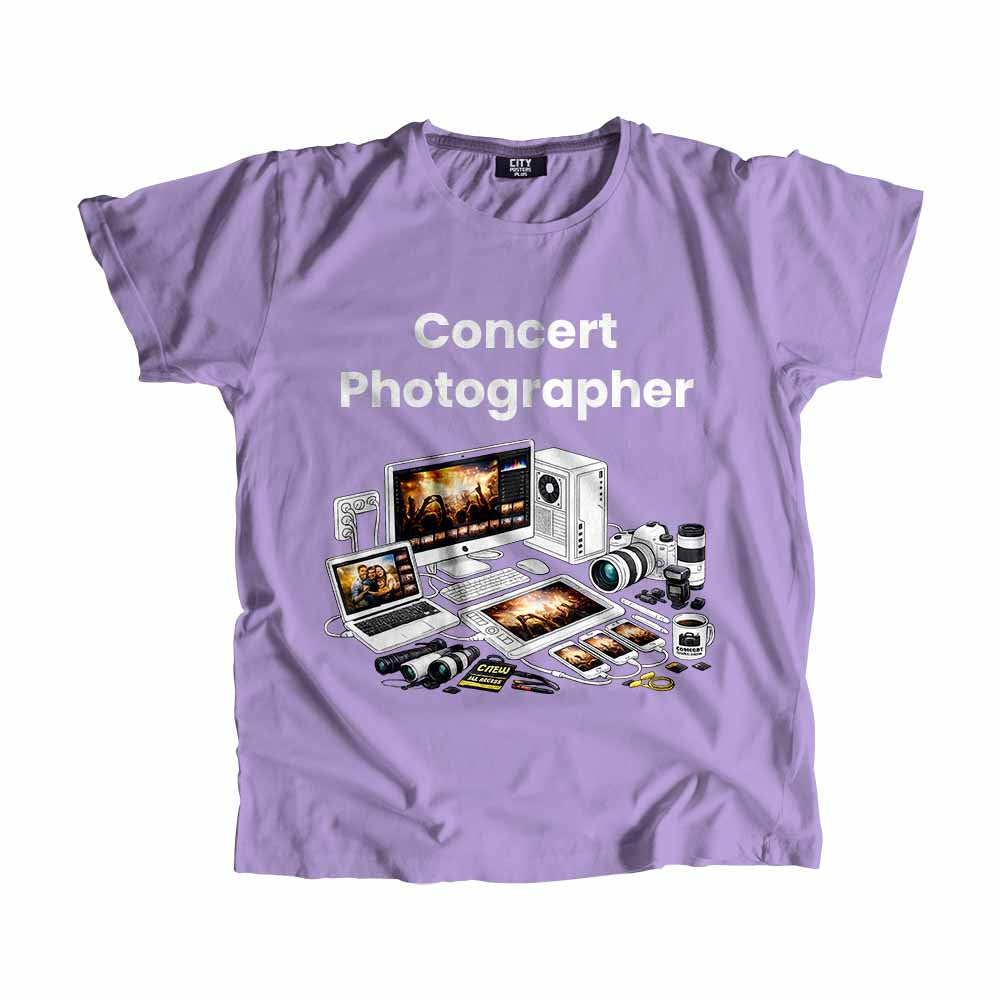 Concert Photographer Men Unisex T-Shirt (Iris Lavender) Technology Unisex T-Shirt | City Posters Plus