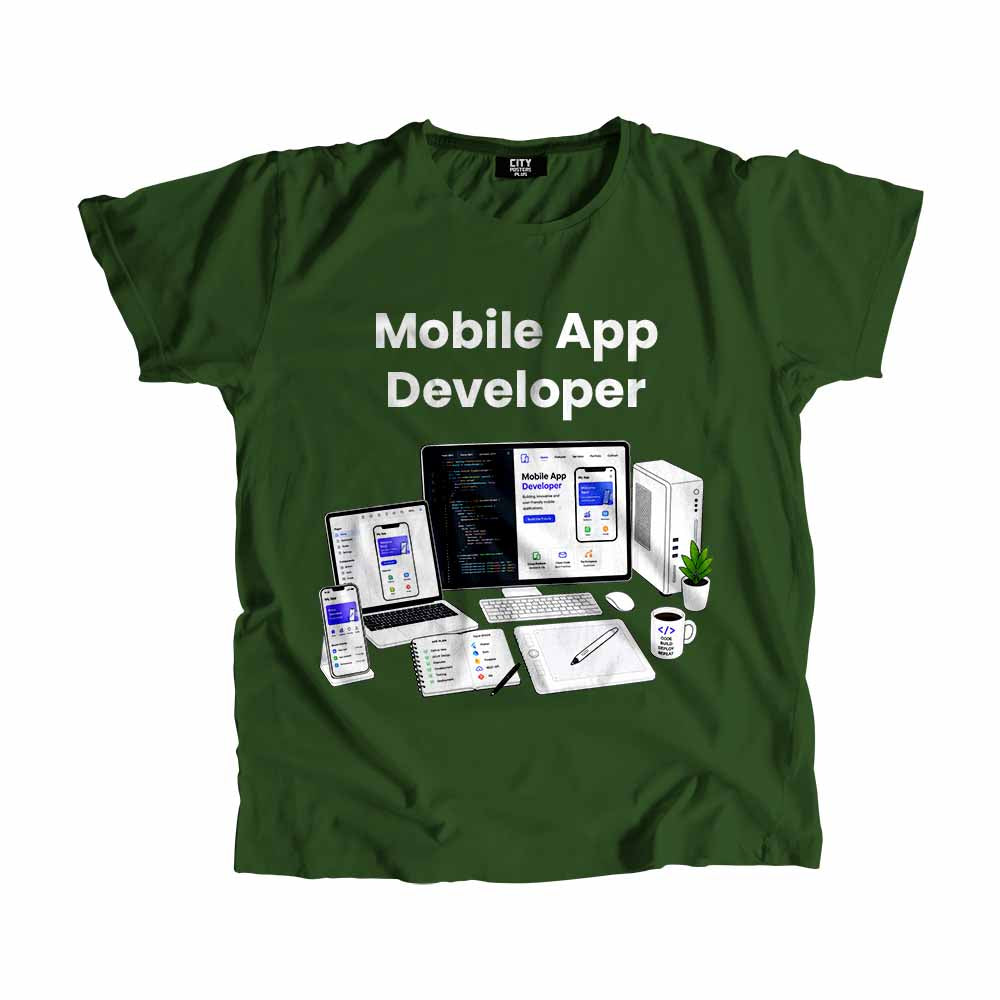 Mobile App Developer Men Unisex T-Shirt (Olive Green) Technology Unisex T-Shirt | City Posters Plus