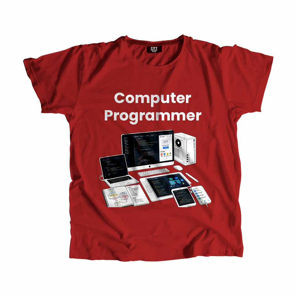 Computer Programmer Men Unisex T-Shirt (Red) Technology Unisex T-Shirt | City Posters Plus