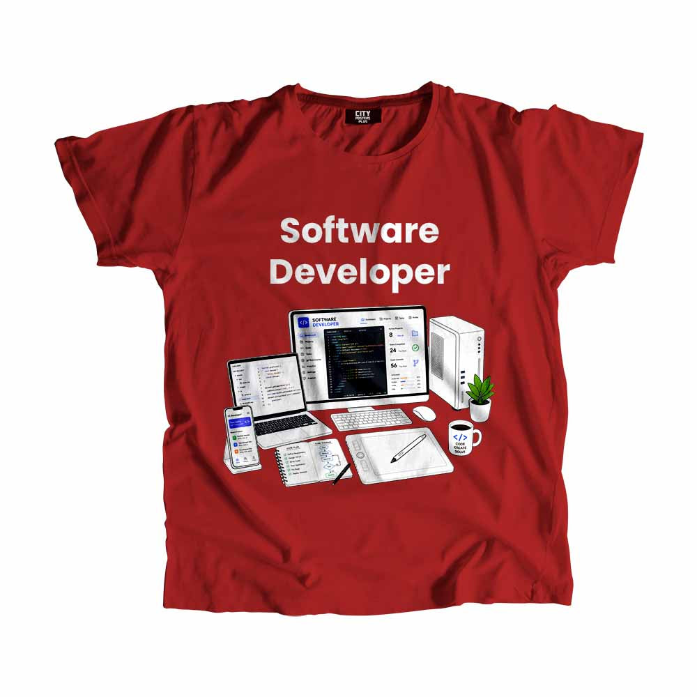 Software Developer Men Unisex T-Shirt (Red) Technology Unisex T-Shirt | City Posters Plus