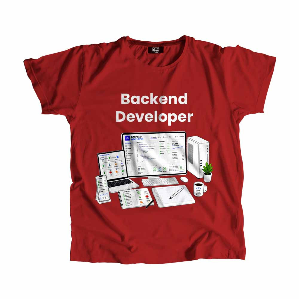 Backend Developer Men Unisex T-Shirt (Red) Technology Unisex T-Shirt | City Posters Plus