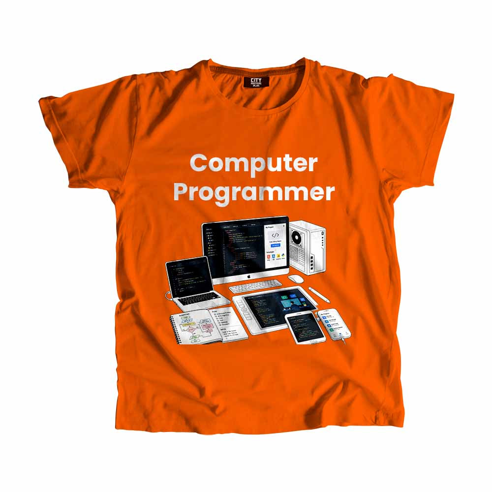 Computer Programmer Men Unisex T-Shirt (Orange) Technology Unisex T-Shirt | City Posters Plus