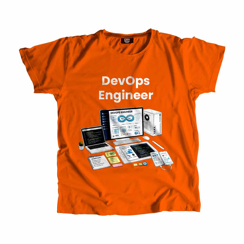 DevOps Engineer Men Unisex T-Shirt (Orange) Technology Unisex T-Shirt | City Posters Plus