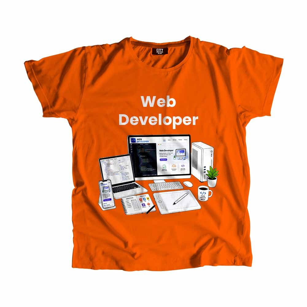 Web Developer Men Unisex T-Shirt (Orange) Technology Unisex T-Shirt | City Posters Plus