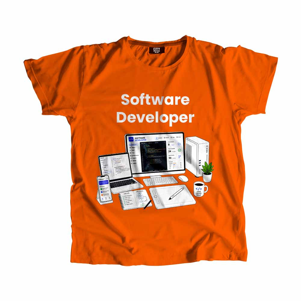 Software Developer Men Unisex T-Shirt (Orange) Technology Unisex T-Shirt | City Posters Plus