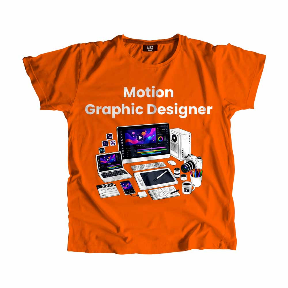 Motion Graphic Designer Men Unisex T-Shirt (Orange) Technology Unisex T-Shirt | City Posters Plus