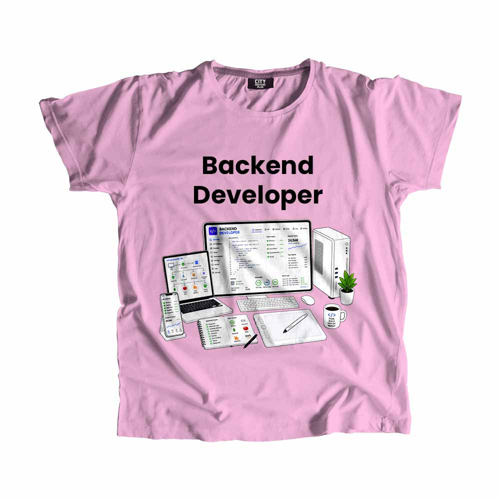 Backend Developer Men Unisex T-Shirt (Light Pink) Technology Unisex T-Shirt | City Posters Plus