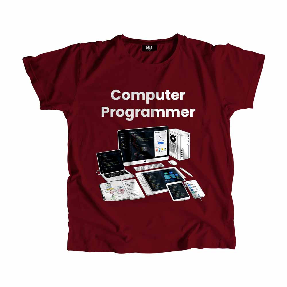 Computer Programmer Men Unisex T-Shirt (Maroon) Technology Unisex T-Shirt | City Posters Plus