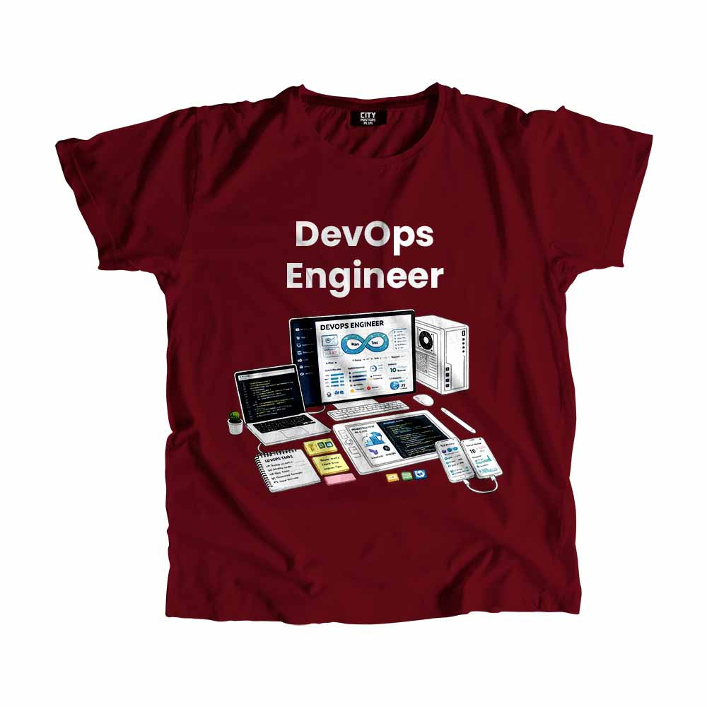 DevOps Engineer Men Unisex T-Shirt (Maroon) Technology Unisex T-Shirt | City Posters Plus