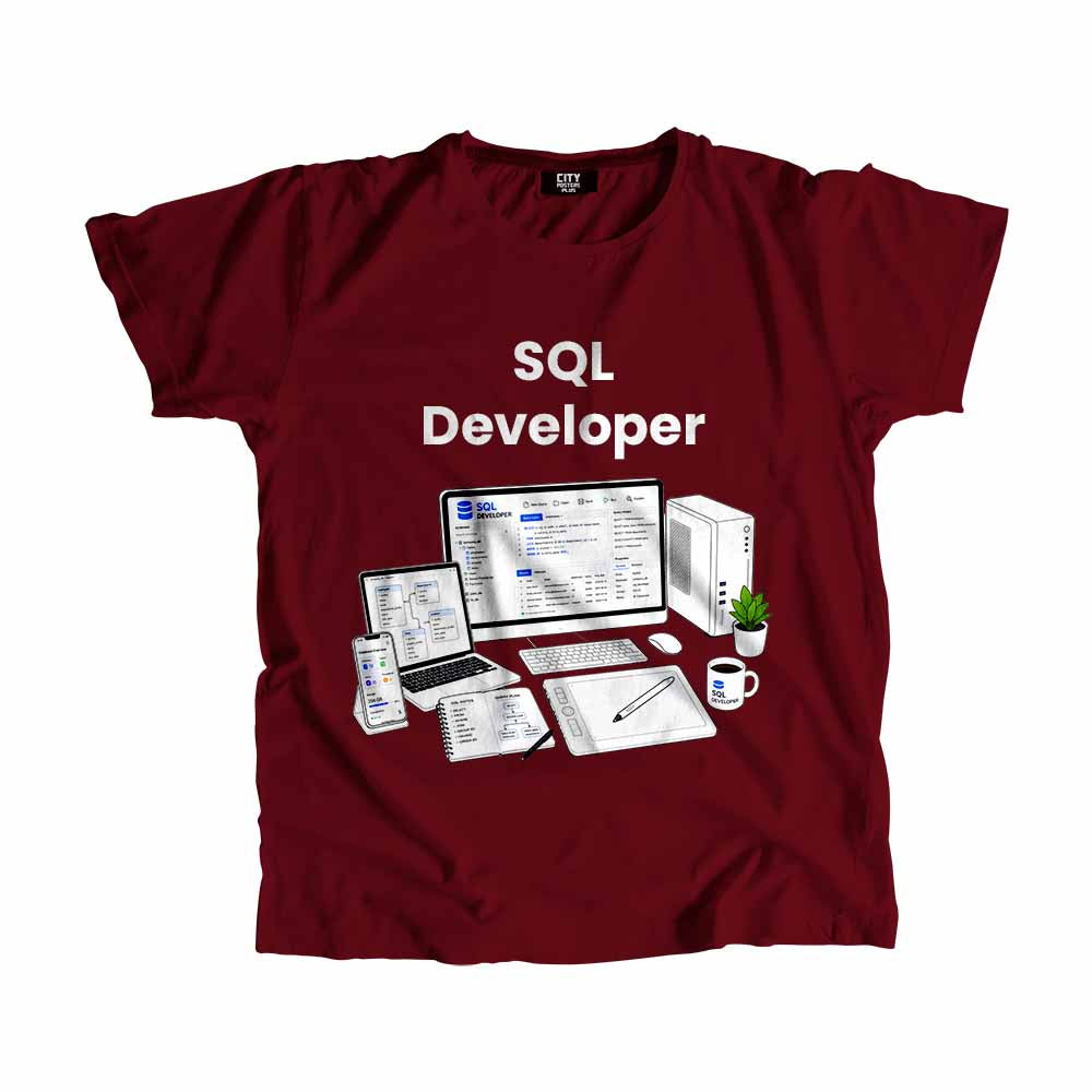 SQL Developer Men Unisex T-Shirt (Maroon) Technology Unisex T-Shirt | City Posters Plus