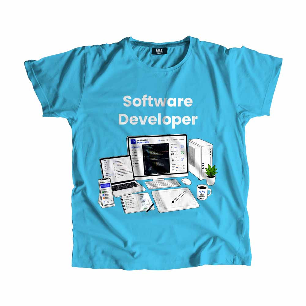 Software Developer Men Unisex T-Shirt (Sky Blue) Technology Unisex T-Shirt | City Posters Plus
