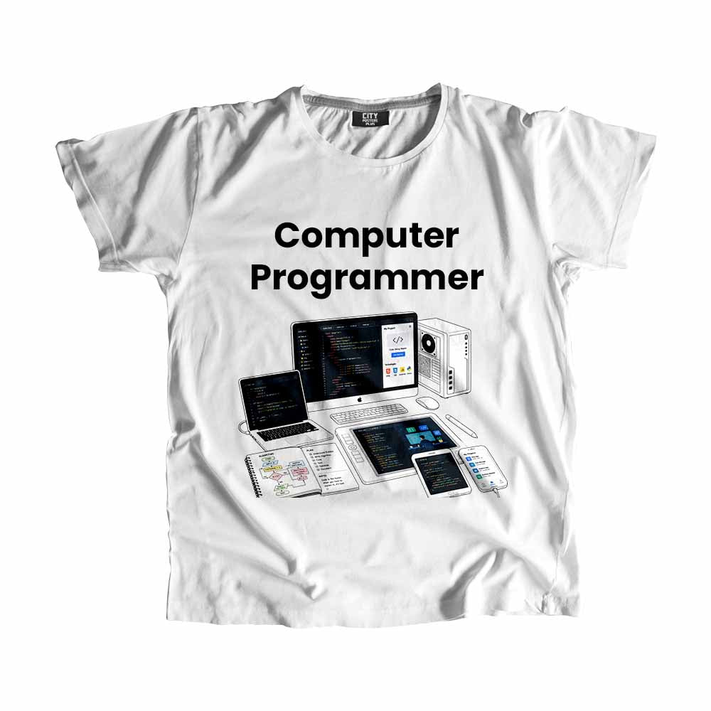 Computer Programmer Men Unisex T-Shirt (White) Technology Unisex T-Shirt | City Posters Plus
