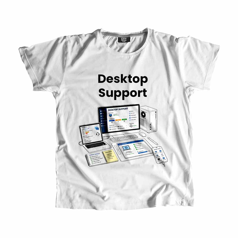Desktop Support Men Unisex T-Shirt (White) Technology Unisex T-Shirt | City Posters Plus