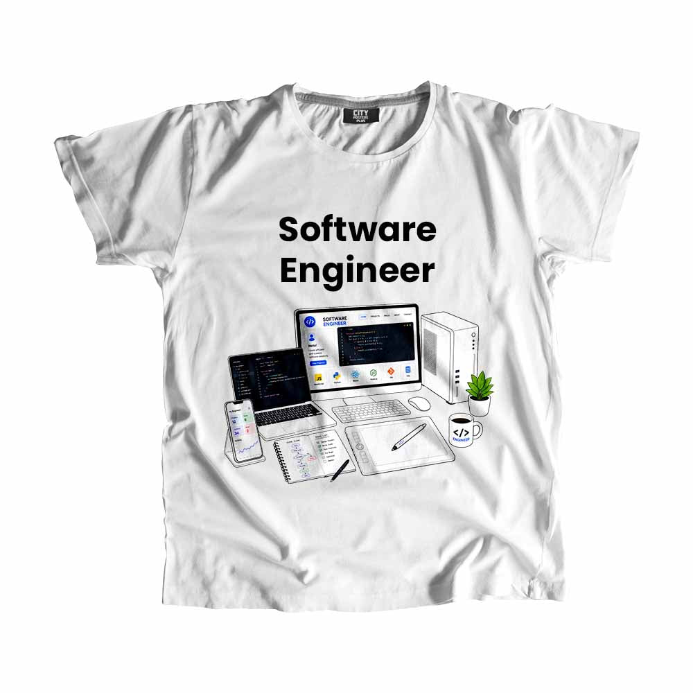 Software Engineer Men Unisex T-Shirt (White) Technology Unisex T-Shirt | City Posters Plus