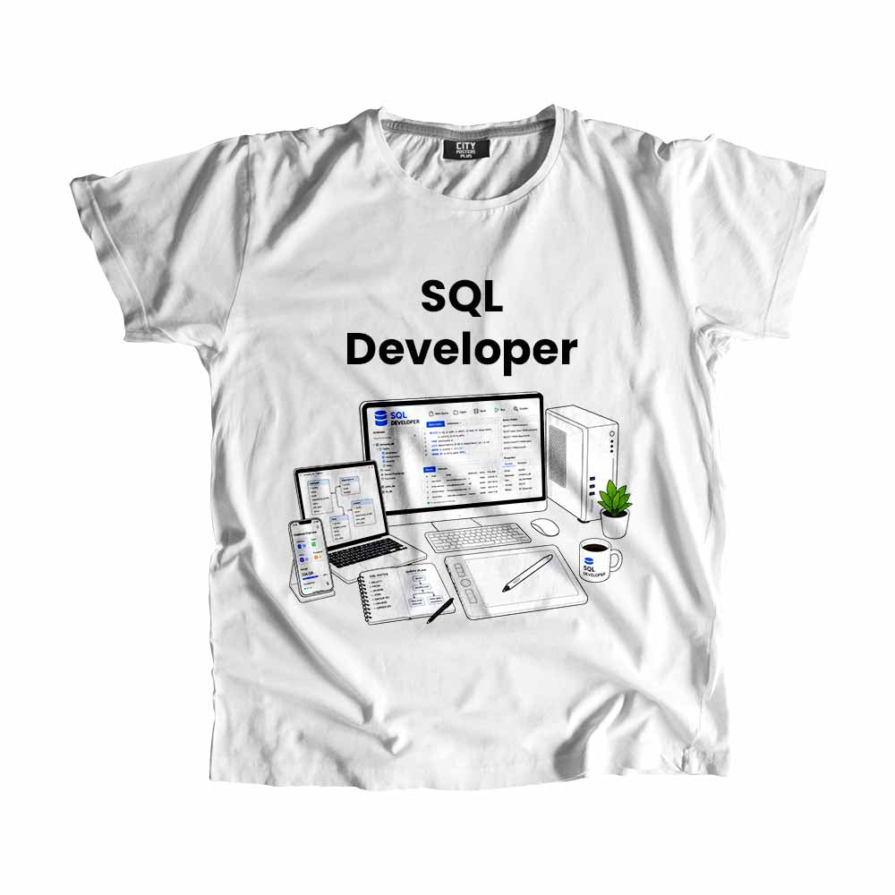 SQL Developer Men Unisex T-Shirt (White) Technology Unisex T-Shirt | City Posters Plus