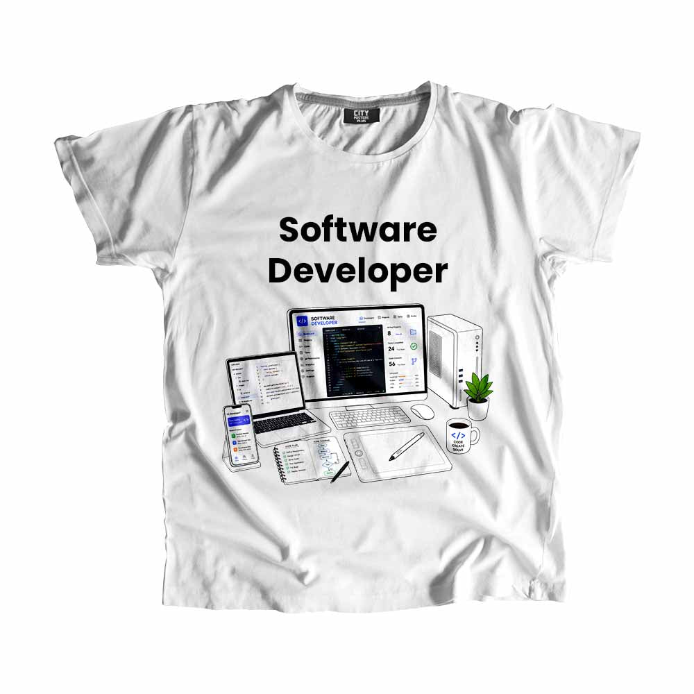 Software Developer Men Unisex T-Shirt (White) Technology Unisex T-Shirt | City Posters Plus