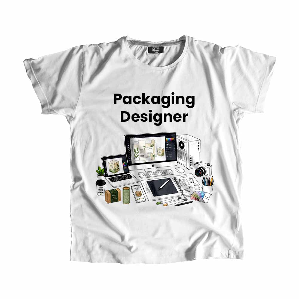 Packaging Designer Men Unisex T-Shirt (White) Technology Unisex T-Shirt | City Posters Plus