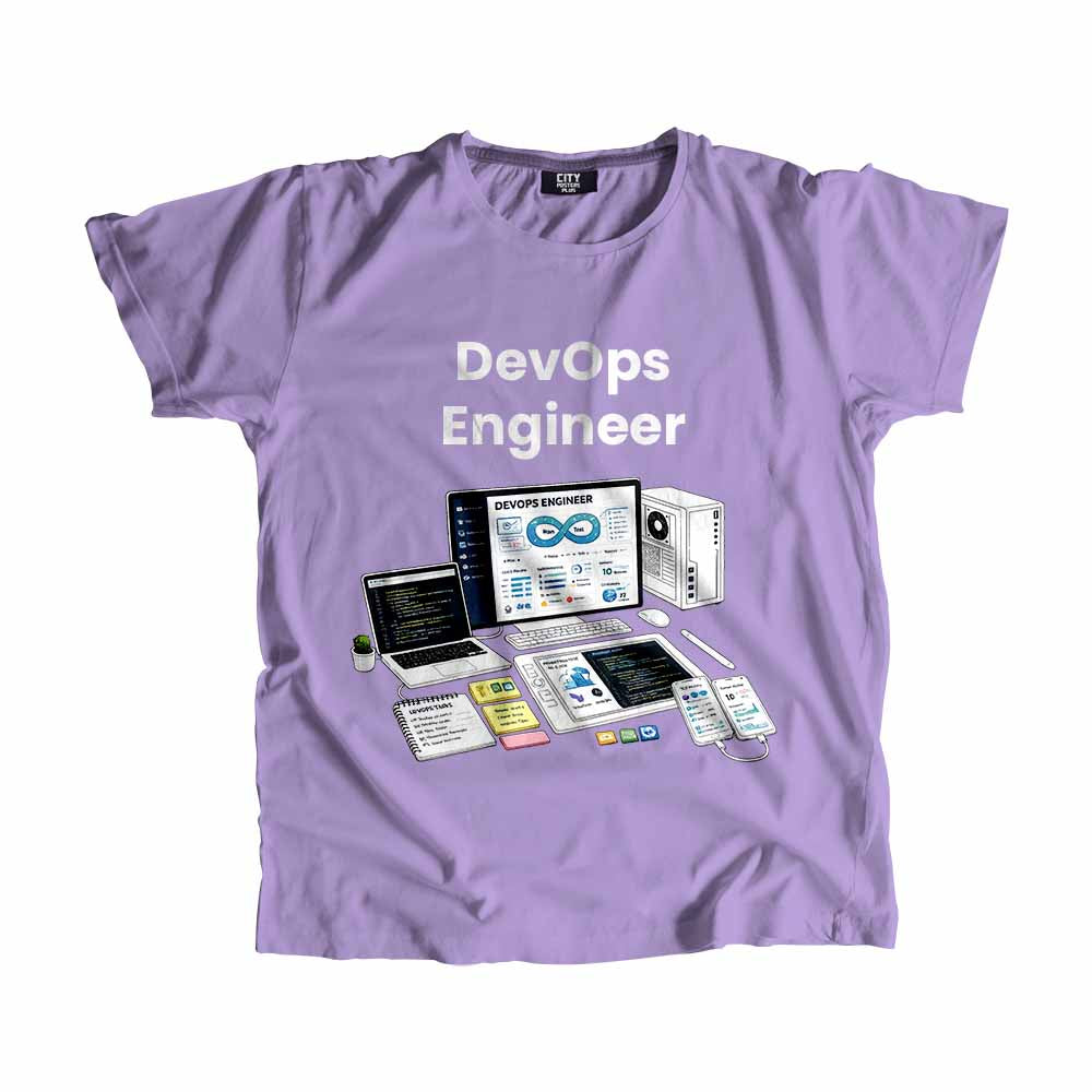 DevOps Engineer Men Unisex T-Shirt (Iris Lavender) Technology Unisex T-Shirt | City Posters Plus