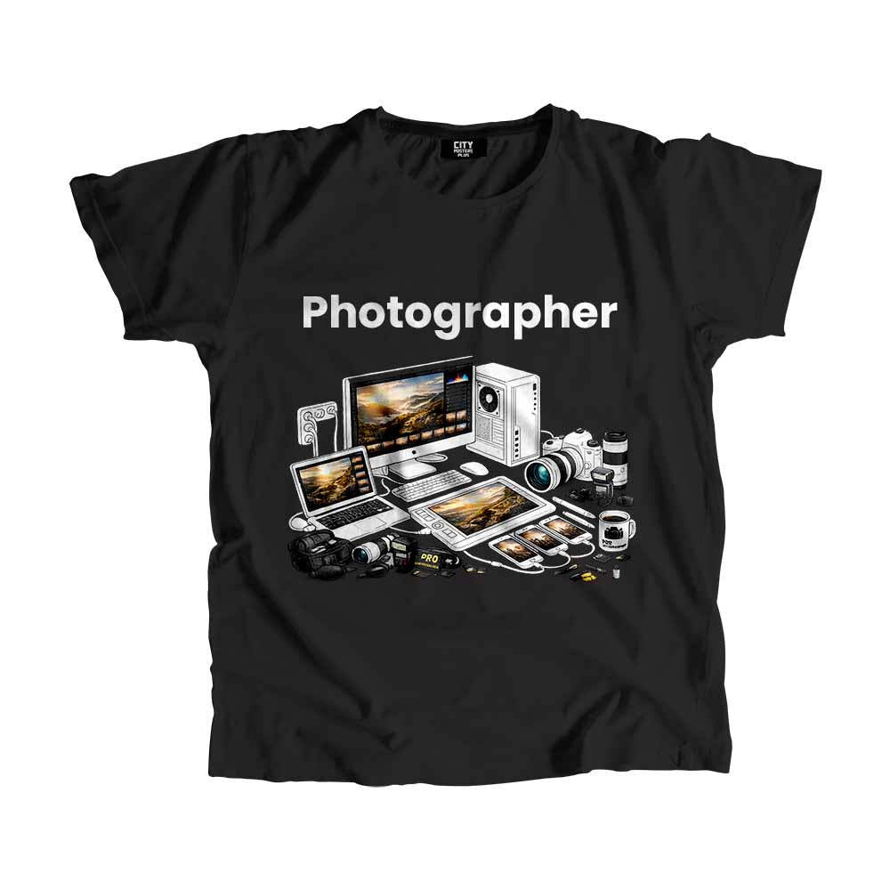 Photographer Men Unisex T-Shirt (Black) Technology Unisex T-Shirt | City Posters Plus