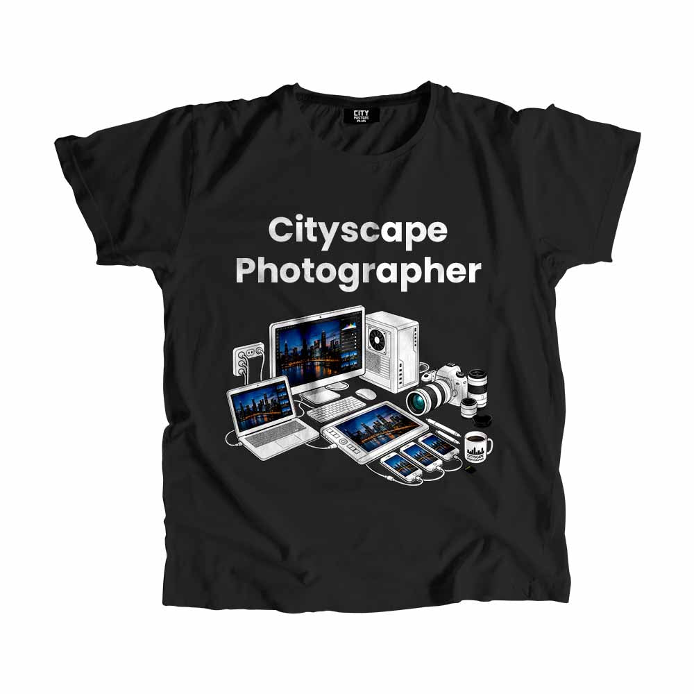 Cityscape Photographer Men Unisex T-Shirt (Black) Technology Unisex T-Shirt | City Posters Plus