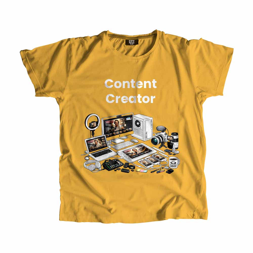 Content Creator Men Unisex T-Shirt (Golden Yellow) Technology Unisex T-Shirt | City Posters Plus
