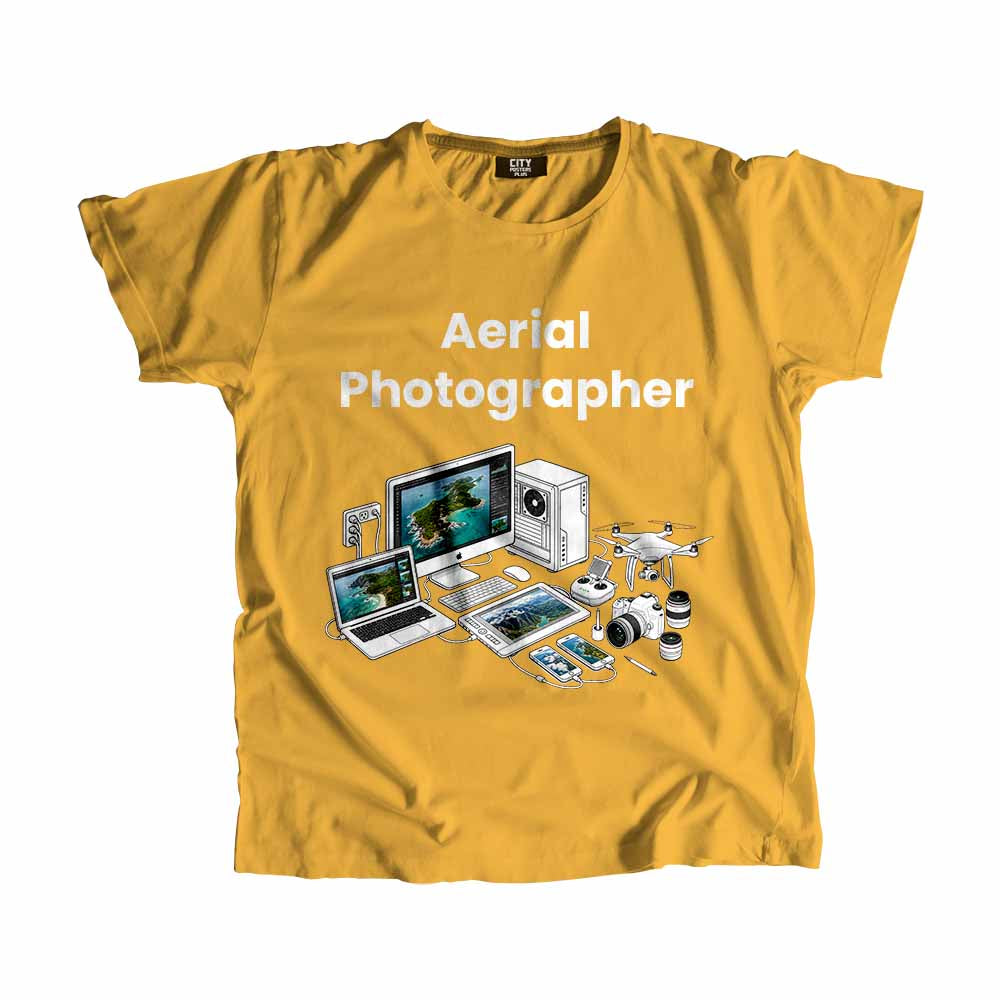 Aerial Photographer Men Unisex T-Shirt (Golden Yellow) Technology Unisex T-Shirt | City Posters Plus