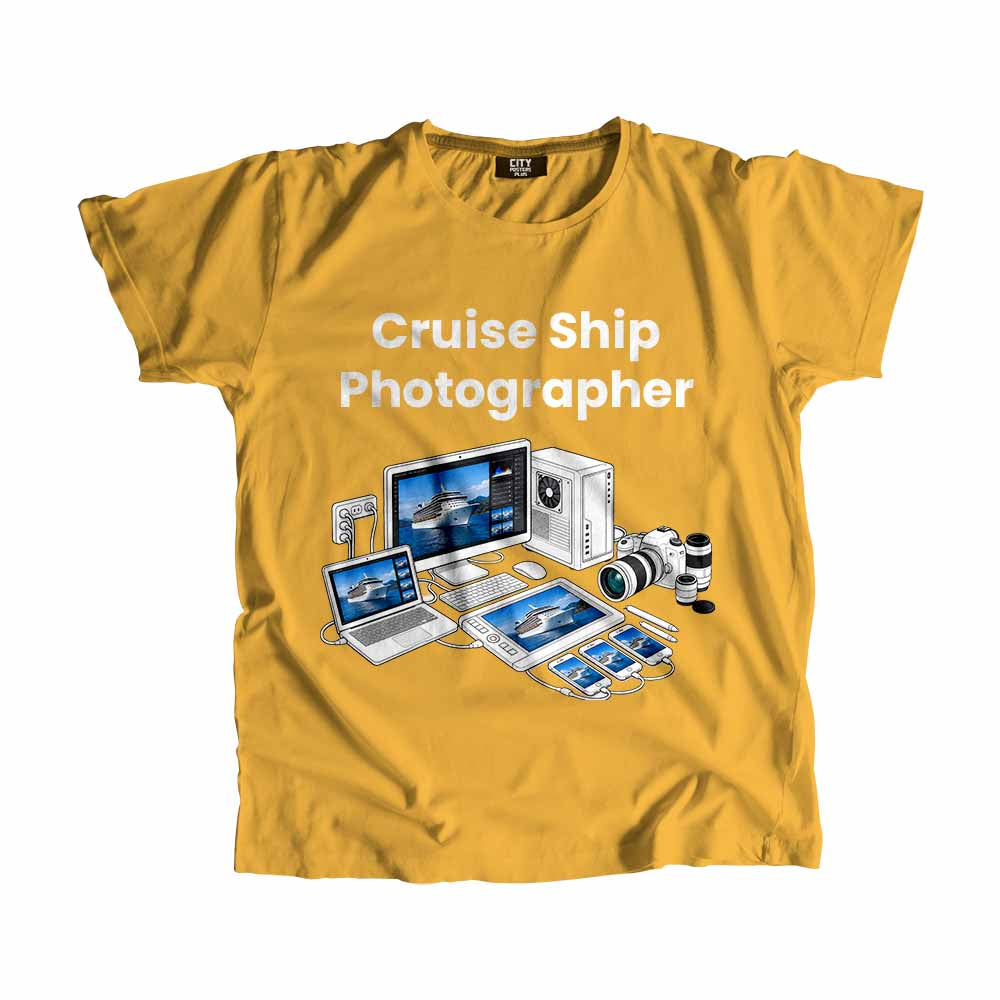 Cruise Ship Photographer Men Unisex T-Shirt (Golden Yellow) Technology Unisex T-Shirt | City Posters Plus
